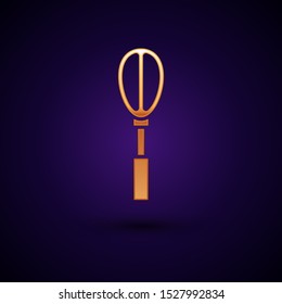 Gold Kitchen whisk icon isolated on dark blue background. Cooking utensil, egg beater. Cutlery sign. Food mix symbol.  Vector Illustration