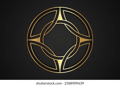 Gold knot round logo design, celtic style, circle shape business icon template, interlocking sign. Sacred cross symbol, golden luxury vector isolated on black background 