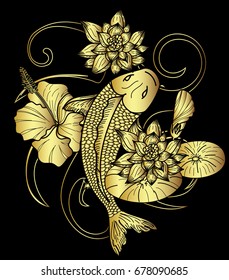 Gold koi carp with hibiscus flower and lotus vector.Traditional Japanese culture art for printing on white background. 