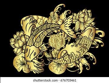 Gold koi fish with flower and chinese wave vector on black background.Traditional Japanese culture art for printing on white background. 