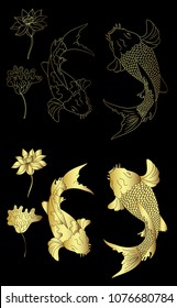 Gold koi fish and lotus flower for tattoo design.Chinese koi carp isolate vector.Silhouette and paper cut design.