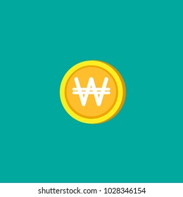 Gold Korean won coin. Flat icon. Isolated on turquoise background. Economy, finance, money pictogram. Wealth symbol.  Vector illustration.