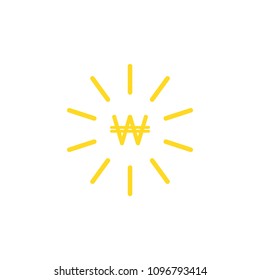 gold korean won sign with gold rays. Shining sun.  flat icon. Isolated on white.  New business idea icon. Money save label. Design thinking. Vector illustration.