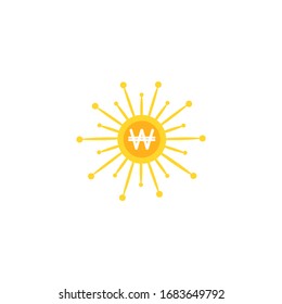 gold korean won sign with gold rays. Shining sun.  flat icon. Isolated on white.  New business idea icon. Money save label. Design thinking. Vector illustration.