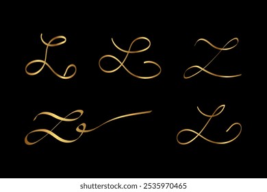 Gold L Letter Initial Cursive Victorian Hand Written Calligraphic Alphabet Set for Logo Brand