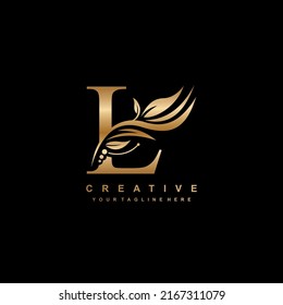 gold L letter logo design with luxurious and beautiful leaf ornament. L Monogram. L typography. gold feather logo. initial letter L logo. suitable for business logo, hotel, boutique, wedding, etc