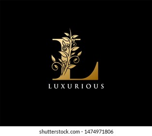 Gold L Letter Luxury Logo. Vintage Letter L With Floral Shape design perfect for fashion, Jewelry, Beauty Salon, Hotel Logo. Cosmetics, Spa Logo. Resort and Restaurant Logo. 