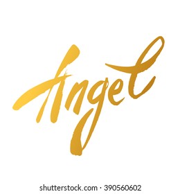 Gold label - an angel. Golden Angel text on a white background. Vector illustration.