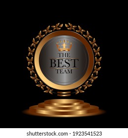 Gold label award, best team potential and quality, free space for text. Templates for awards, accolades, certificates and diplomas. Black background