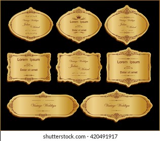 Gold Label cutout paper frames with flourish decoration,Vintage medal set on striped seamless background. Calligraphic design elements.