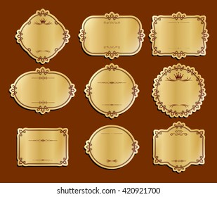Gold Label cutout paper frames with flourish decoration,Vintage medal set on striped seamless background. Calligraphic design elements.