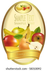 Gold label with different sorts of exotic fruit. Vector.