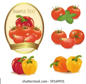 Gold label with different sorts of vegetables. Vector.