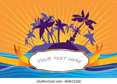 Gold label frame with ribbon on vector seascape background - yellow sunburst sunset, palm tree silhouette on island, blue wave ocean. As greeting card, invitation,advertising. White place for text.