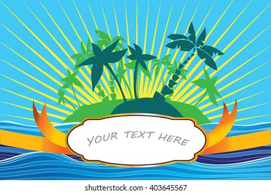 Gold label frame with ribbon on vector sea landscape background - sunburst sky, green palm tree silhouette on island, blue wave ocean. As greeting card, invitation,advertising. White place for text.