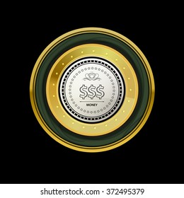 Gold label for promo seals. Quality sticker with glossy and wood texture. Vector circle emblem