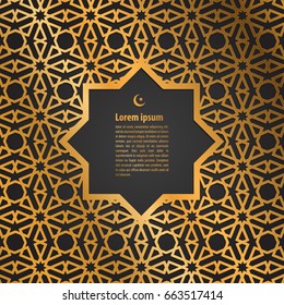 Gold Label Ramadan Kareem Greeting Card On Islamic Pattern Background