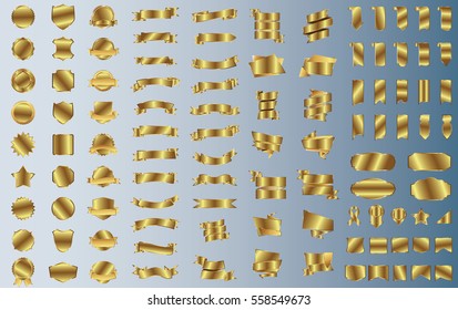 Gold label ribbon banner vector christmas background set with isolated fancy badge vintage sticker and decorative border icon. Festive colorful tag design award of gift  illustration collection
