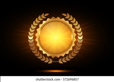 Gold labels award .Empty space for text. Template for awards, quality mark, diplomas and certificates.on sun ray background