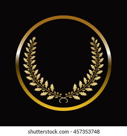 Gold labels award with laurel wreath on dark background.