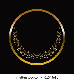 Gold labels award with laurel wreath on dark background.