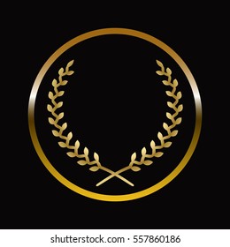 Gold labels award with laurel wreath on dark background.