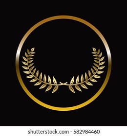 Gold labels award with laurel wreath on dark background.