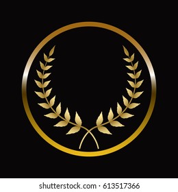 Gold labels award with laurel wreath on dark background.