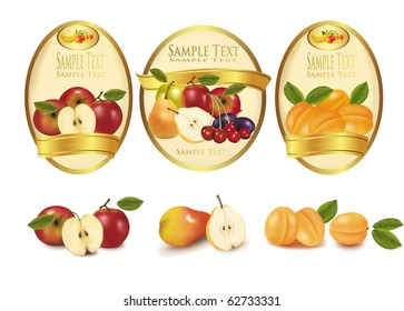 Gold labels with different sorts of fruit. Vector.