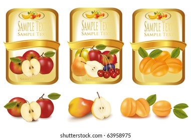 Gold labels with different sorts of fruit. Vector.
