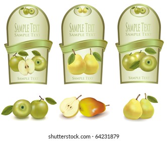 Gold labels with different sorts of fruit. Vector.