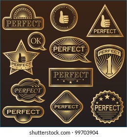 Gold Labels 'Perfect'. Everyone has a transparent background. Can be placed on a background of any color. Grouped for easy edition. In gallery also variants in silver and in blue.