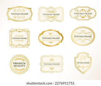 Gold labels set. Collection of luxury labels for food and alcoholic drinks, wine. Vintage frame with premium quality inscription. Cartoon flat vector illustrations isolated on white background