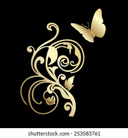 Gold Lace butterfly on black background.  Vector illustration.