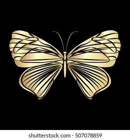 Gold Lace butterfly on black background. Vector illustration.