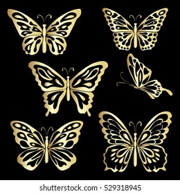 Gold Lace Butterfly On Black Background. Vector Illustration.