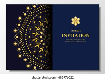 gold lace on blue background vintage card mandala design vector