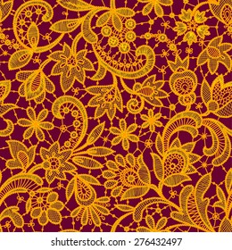 Gold lace on red background. Seamless Pattern.