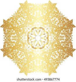 Gold lace pattern on a white background. Circle mandala, round vintage elegant pattern.
