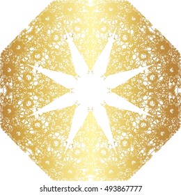 Gold lace pattern on a white background. Circle mandala, round vintage elegant pattern.
