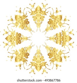 Gold lace pattern on a white background. Circle mandala, round vintage elegant pattern.
