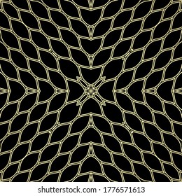 Gold lace seamless pattern. Ornamental grid vector background. Repeat net backdrop. Lacy elegance black and gold ornaments. Intricate luxury ornate design. For cards, wallpapers, prints, fabric.