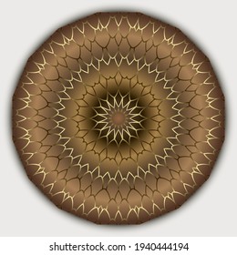Gold lacy 3d mandala pattern. Ornamental background. Vector backdrop. Floral grid round ornament. Vintage lace flowers, leaves. Beautiful luxury ornate art design for textile, prints, wallpapers.