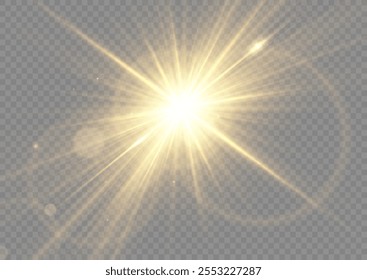 Gold lance flares rede. Explosão de luz brilhante amarela e fundo transparente. As luzes acendem, a luz da estrela acende, os raios de sol brancos, png. Sol flush com raos ou ouro spotlyght e boke.