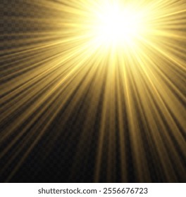 Gold lance flares network. Yellow glowing light burst and transparent back ground. Lights flare, star flash light, white sun rays, png. Sun flush with raos or gold spotlyght and boke.