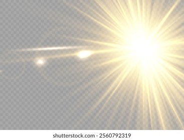 Gold lance flares network. Yellow glowing light burst and transparent back ground. Lights flare, star flash light, white sun rays, png. Sun flush with raos or gold spotlyght and boke.