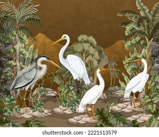 Paisaje dorado con pájaros blancos y árboles. Vector