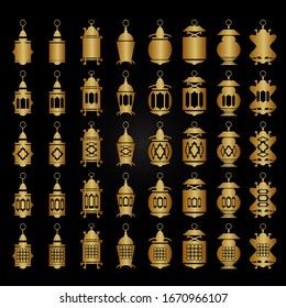 Gold lanterns silhouettes set collection for greeting, card, poster, banner and background design islamic.