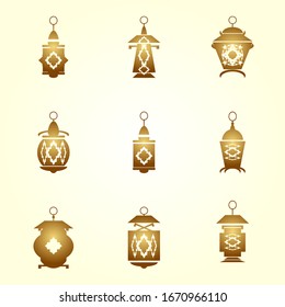 Siluetas de linternas de oro conjunto colección para el saludo, tarjeta, afiche, banner y diseño de fondo islámico.