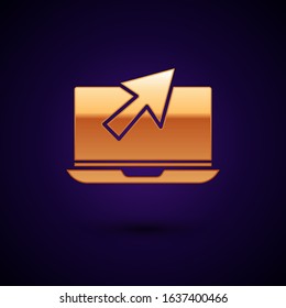 Gold Laptop and cursor icon isolated on dark blue background. Computer notebook with empty screen sign.  Vector Illustration